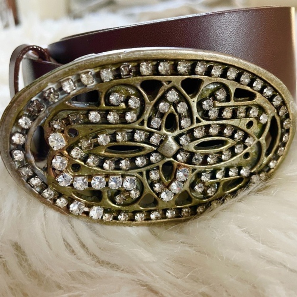 Brown Med Belt Genuine Leather Rhinestones 85CMs